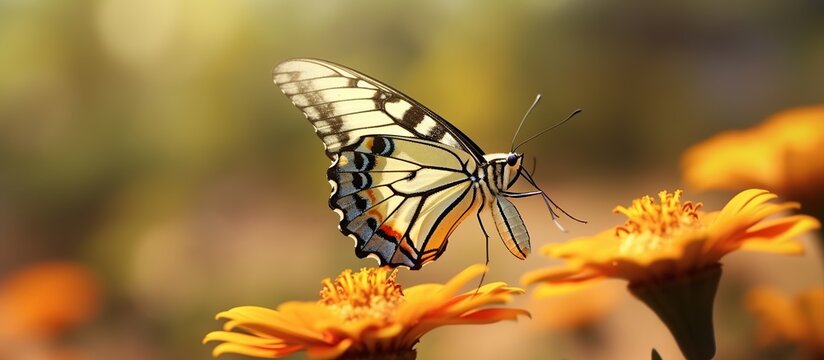A photo closeup shot of a beautiful butterfly with interesting textures on an orange-petaled flower