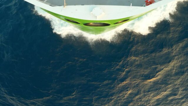 Top down close up view to Bow of ship. Green side vessel powered by natural gas. Waves are flying apart