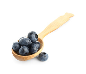 Wooden spoon with fresh blueberries on white background