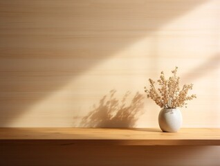 Close up wooden table with flowers on a vas against beige wall, Simple Minimalist Product Backdrop Background.