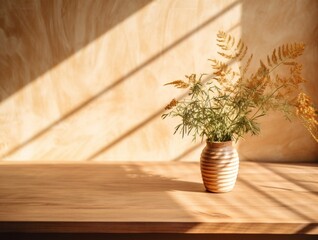 Empty wooden table with flowers on a vas against beige  wall, sunlight, shadow, generative AI.