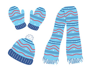Set of winter clothes. Winter gloves, scarf and hat or headwear in flat style isolated on white. Collection of cozy winter knitted clothes, headdress, scarf, mitten, glove. Vector illustration