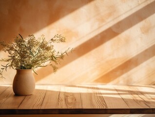 wooden table with flowers on a vas against orange wall, sunlight, shadow, generative AI.