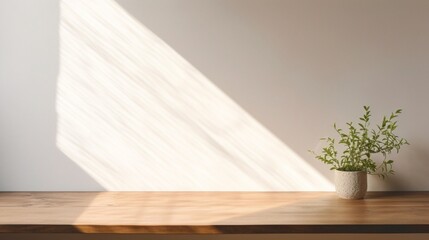 Empty wooden table with plant on the side against white empty wall, sunlight, shadow, generative AI.