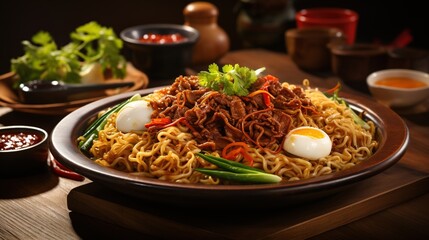 Mie Goreng Jawa or bakmi jawa or java noodle with spoon and fork. Indonesian traditional street food noodles from central java or Yogyakarta, indonesia on rustic wooden table background. - obrazy, fototapety, plakaty
