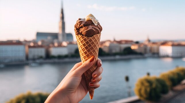 Woman Holding chocolate and vanilla ice cream, taking picture for social media, standing in sidewalk against the river with city in the other side.