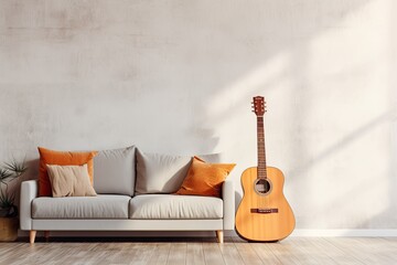 A beautiful acoustic guitar leans against a textured white wall in a room, ready for musical...