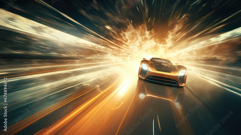 Poster fast supersports car in a tunnel of light created with generative ai