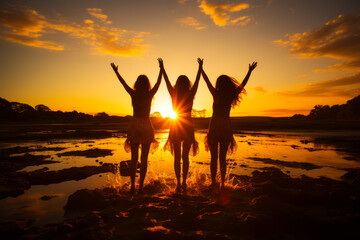 Three Girls Enjoying a Serene Sunset at the Beach