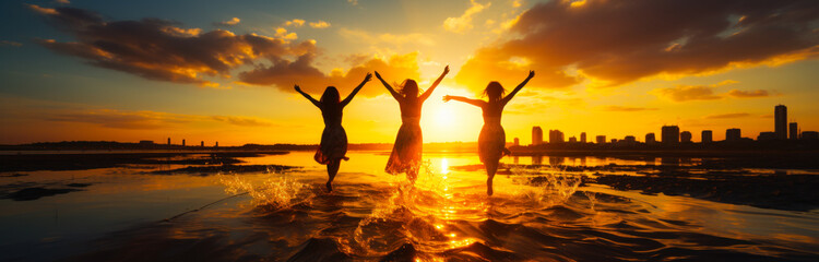 Three Friends Taking a Plunge at Sunset