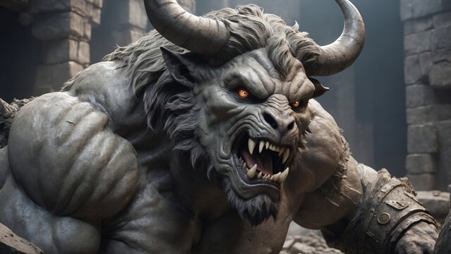In Greek mythology, the Minotaur is a mythical creature portrayed during classical antiquity with the head and tail of a bull and the body of a man. 4K - 8K - 12K TV. Generative AI.