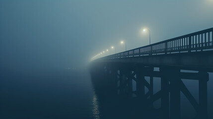 Mysterious bridge with glowing lights stretching into the distance and fading into the mist. Gloomy twilight. Liminal space concept. Copy space. - obrazy, fototapety, plakaty
