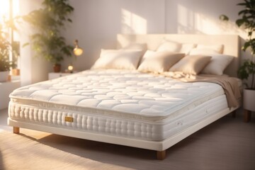 A white spring mattress with a flat surface in bedroom. ai generative
