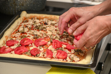 a woman prepares pizza with cheese, tomatoes and chicken ham, a woman lays out tomatoes 4