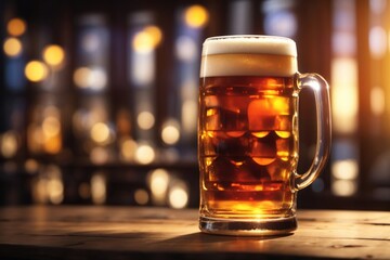 Big beer in mug on wooden table. ai generative