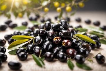 Black olives with leaves isolated on transparent background. ai generative