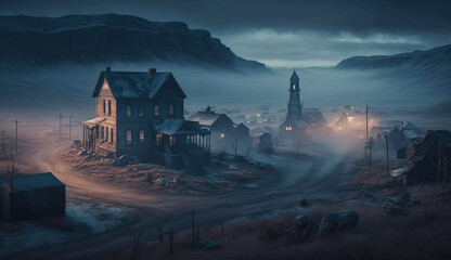 View over mysterious haunted village with a church. Old ghost town in hazy moonlight. Traditional rural settlement.
