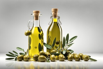 Delicious olive oil in a glass bottle and green olives. ai generative
