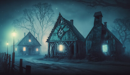 Haunted village with wooden rustic houses. Old ghost town in hazy moonlight. Traditional rural settlement on a Halloween night. - obrazy, fototapety, plakaty