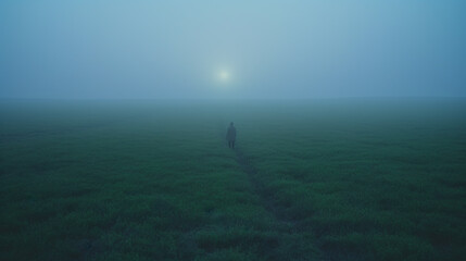 Person walking in the dark and misty green field towards a glowing ball of light. Foggy summer landscape in twilight. - obrazy, fototapety, plakaty