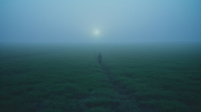 Person walking in the dark and misty green field towards a glowing ball of light. Foggy summer landscape in twilight.