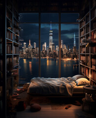 A luxury apartment at night shows a bedroom.  The most amazing place to sleep and live.