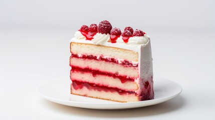 Delicious red and white layered cake on white background