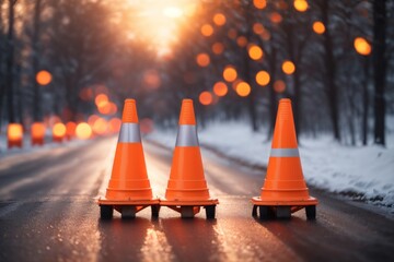Two traffic cones on winter road. ai generative. ai generative - obrazy, fototapety, plakaty