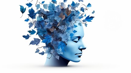 Dementia concept. Illustration of blue head shaped plant losing leaves on white background