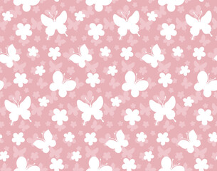 Seamless floral pattern with butterflies and flowers, silhouette.