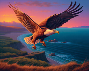 a dramatic scene of a bald eagle at sunset