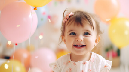 Cute baby girl 1 year play with colorful balloons in the studio. Birthday party. Play room in home