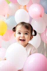 Fototapeta na wymiar Cute baby girl 1 year play with colorful balloons in the studio. Birthday party. Play room in home