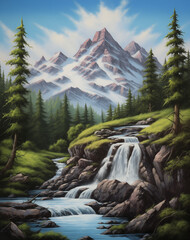 A dramatic landscape with mist and waterfalls.  A painterly effect.