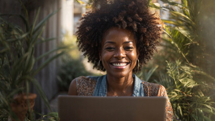 spontaneous middle aged african american woman, smiling looking at camera working on a laptop in the comfort of her home, Senior adult woman writer using laptop, nomade digital - Powered by Adobe
