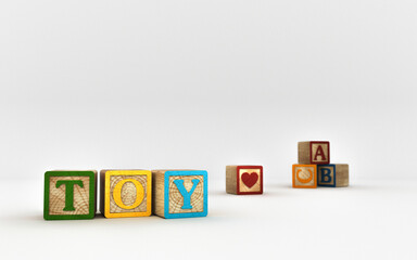 TOY BLOCKS ABC COLORFUL ALPHABET CUBES. White background cubes brick wood. ABC learning, education and language concept
