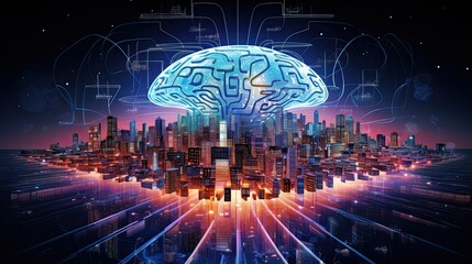 Artificial Intelligence, massive brain powering a futuristic city