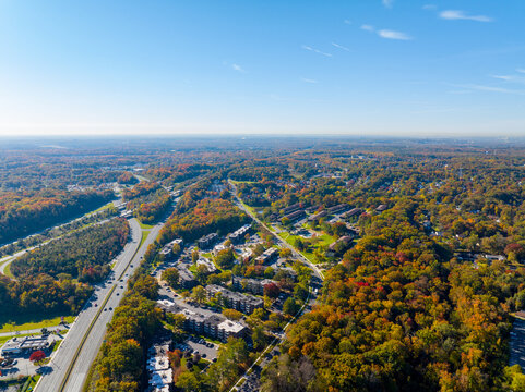 Aerial drone photo housing and fall foliage in Laurel Maryland USA