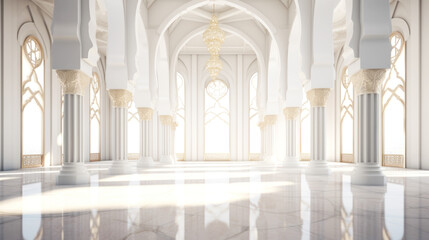 White Golden Luxury Palace Mosque Interior with Sunny Windows and Columns. - obrazy, fototapety, plakaty