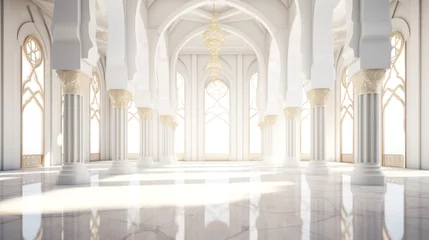 Fotobehang White Golden Luxury Palace Mosque Interior with Sunny Windows and Columns. © fotoyou