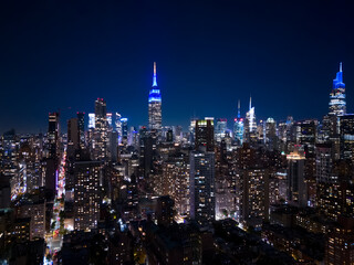 Fototapeta na wymiar Aerial photo neon lbue New York at night