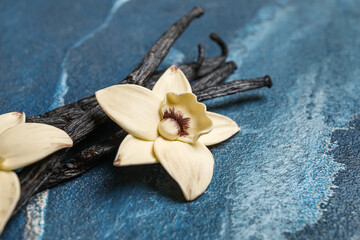 Aromatic vanilla sticks and flower on blue background