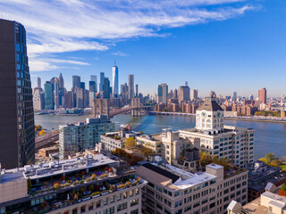 Aerial photo Brooklyn New York. Amazing view of the river and Manhattan skyscrapers