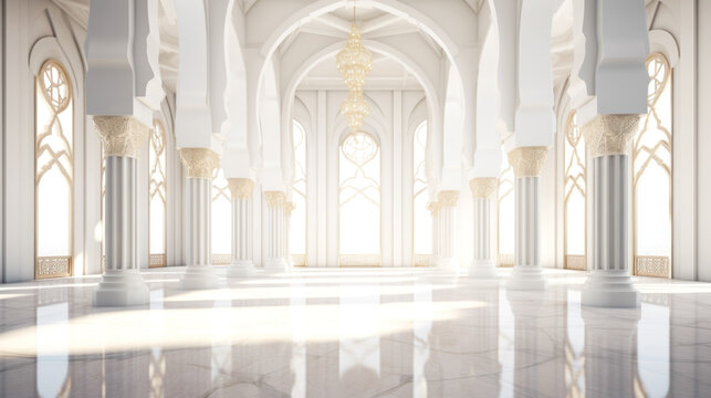White Golden Luxury Palace Mosque Interior with Sunny Windows and Columns.
