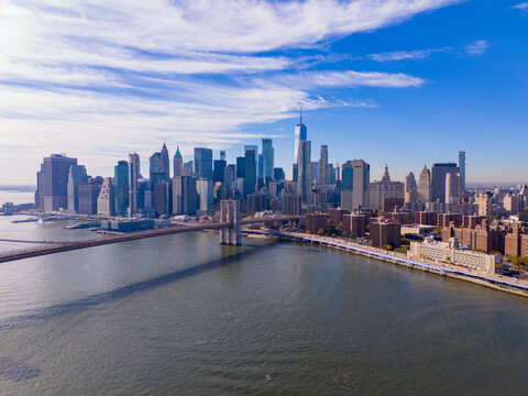 Aerial photo bridges of New York with city views and East River