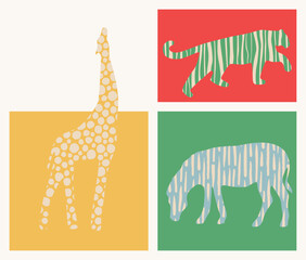 Animal silhouettes with abstract prints inside. Set of decorative hand drawing illustrations.