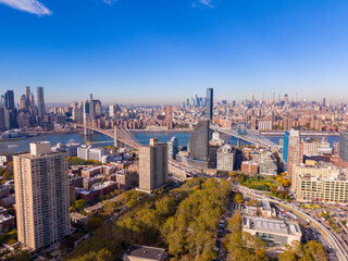 Find an amazing view of Manhattan from Brooklyn. Aerial drone photo