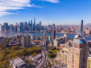 Find an amazing view of Manhattan from Brooklyn. Aerial drone photo