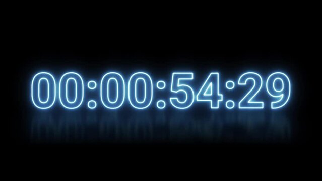 Cyber neon countdown timer, futuristic blue laser led light energy clock display, 3d rendering digital timecode stopwatch sign animation background