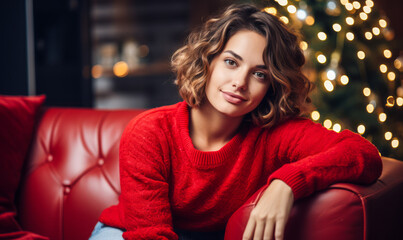 Obraz premium Holly Jolly Christmas: Charming Lady Relaxing on Sofa with Festive Backdrop